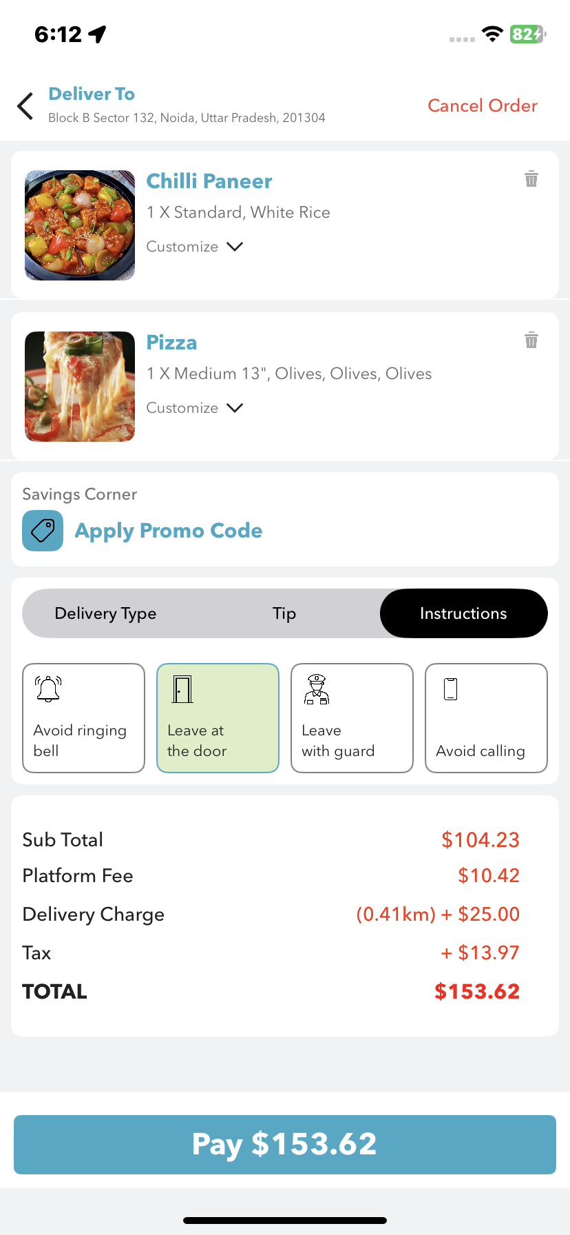 MasalaDish fare summary and checkout screen