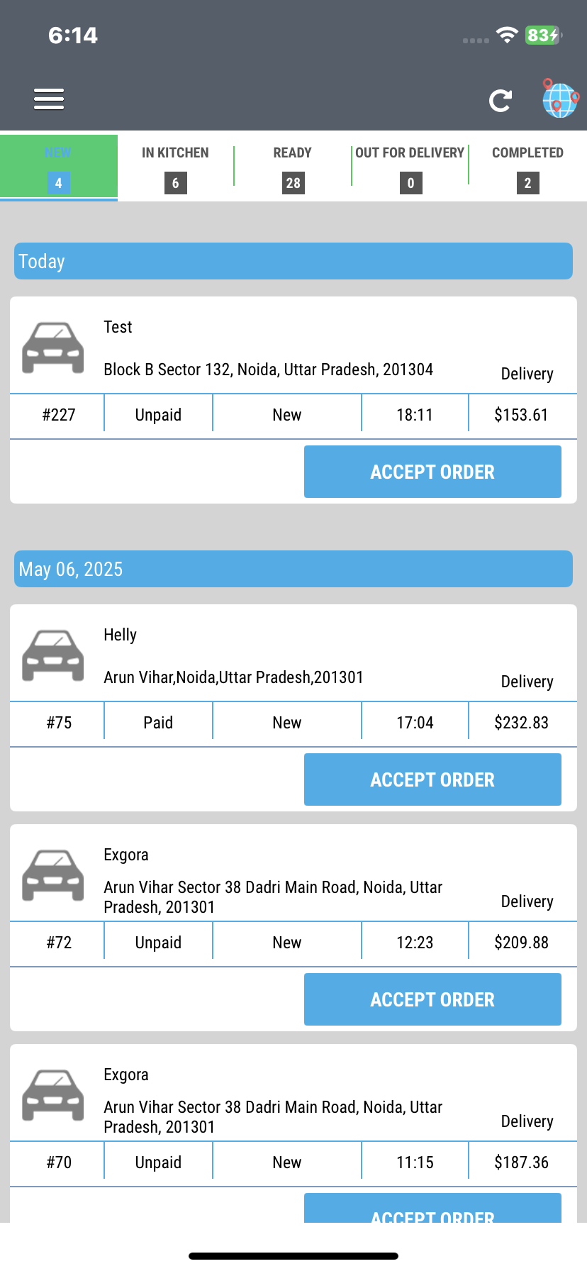 Restaurant app – accept or reject order