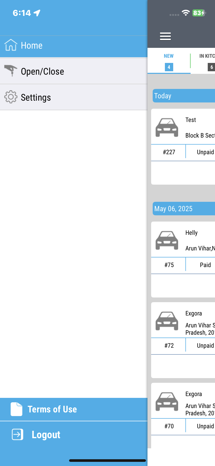 Restaurant app – menu section items